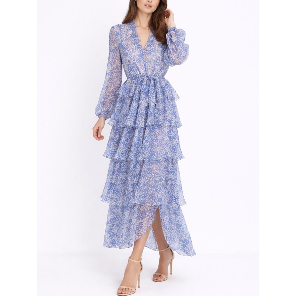 Shona Joy Garner Maxi Dress Womens 6 Blue Floral Drawstring Ruffle Romantic Boho